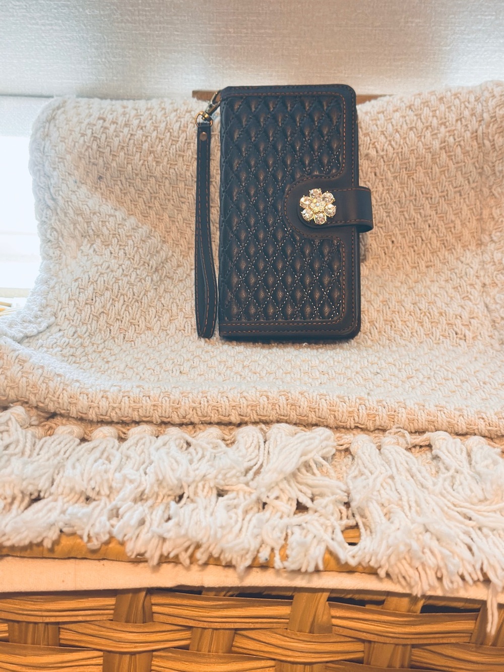 Quilted Black Wristlet Phone Wallet with Floral Snap For IPhone 14 Pro Max